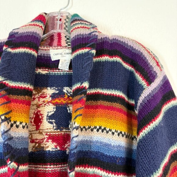 Vintage Casual Corner Shetland Wool Southwestern Striped Cardigan Sweater Small - Picture 2 of 10